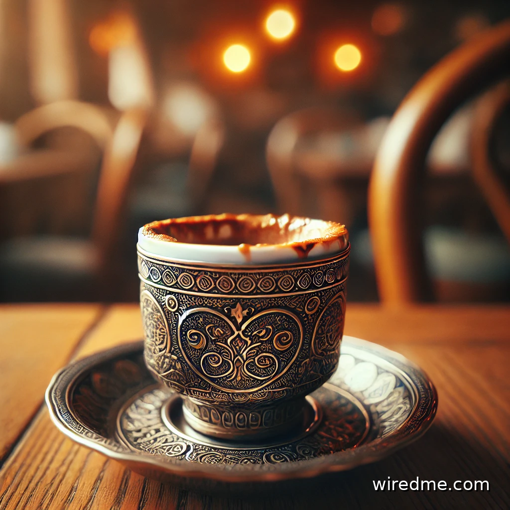 An empty Turkish coffee cup resting on a saucer, with dark coffee residue forming unique patterns along the inside walls.