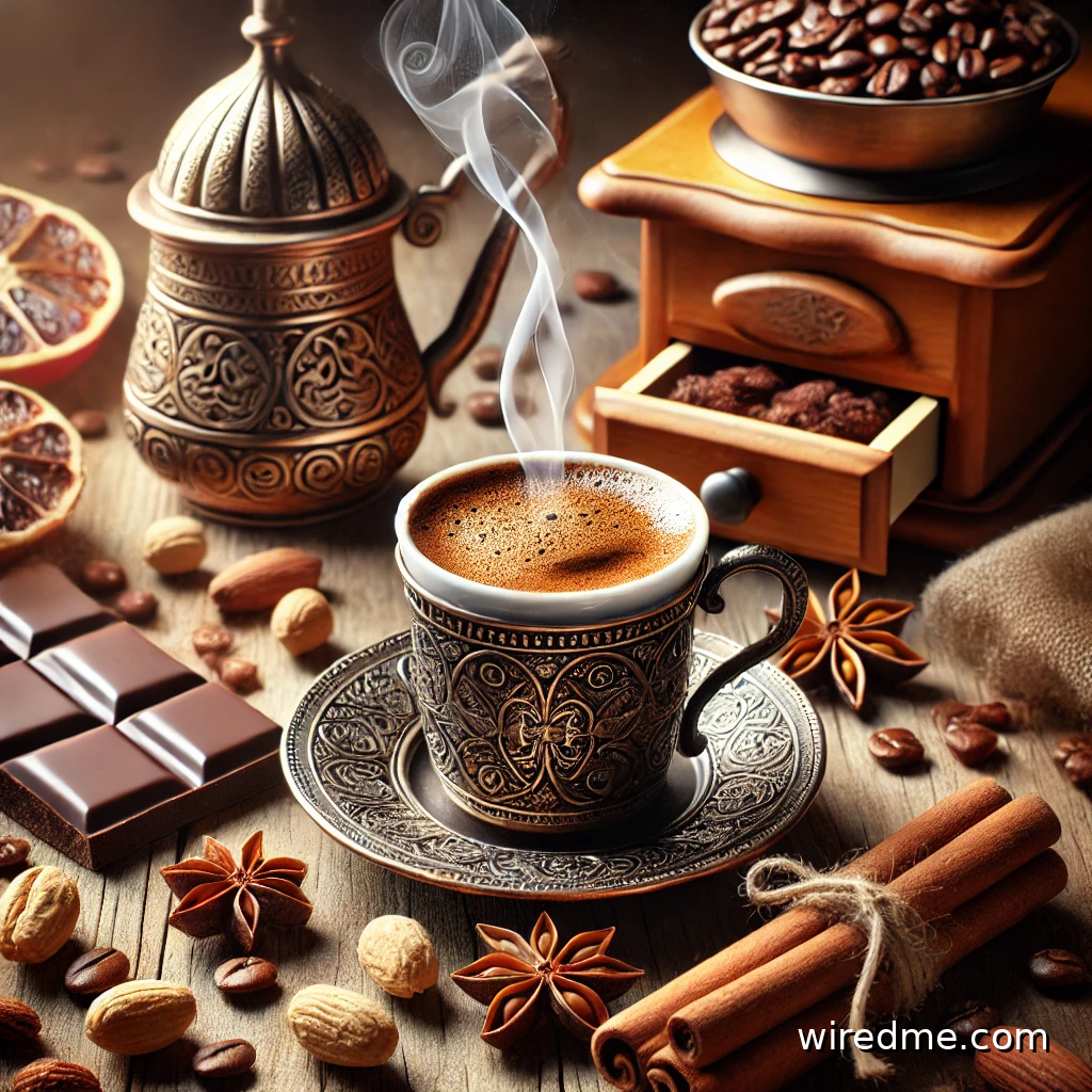 A steaming cup of Turkish coffee on a wooden table, surrounded by health-boosting ingredients like cinnamon, cardamom, and dark chocolate.