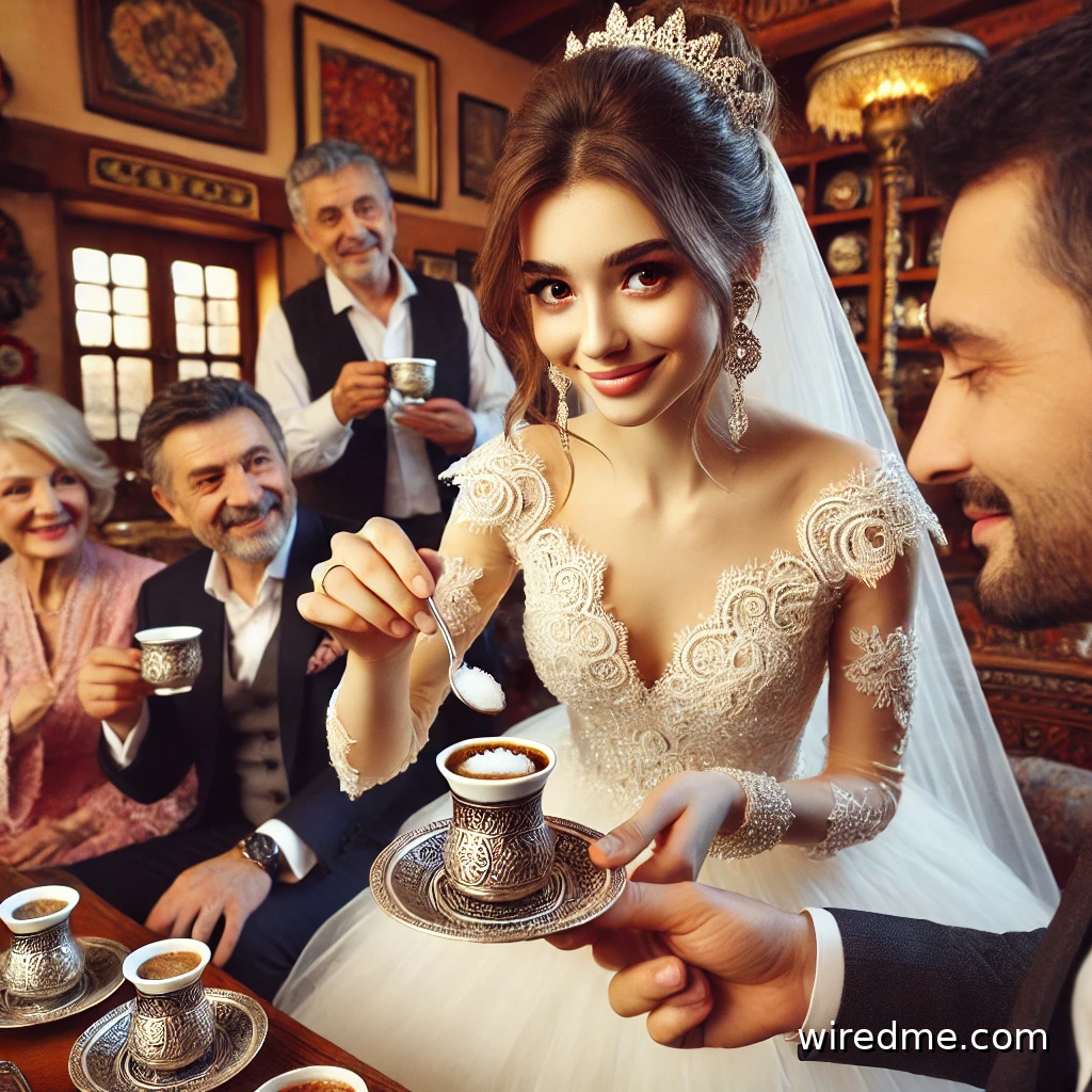 A bride with a playful smile serving Turkish coffee to her groom and his family, part of a long-standing wedding tradition where salt is added to test his reaction.